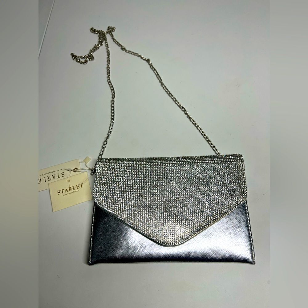 Starlet NWT Envelope Evening Purse Chain Strap Silver Crossbody Rhinestones